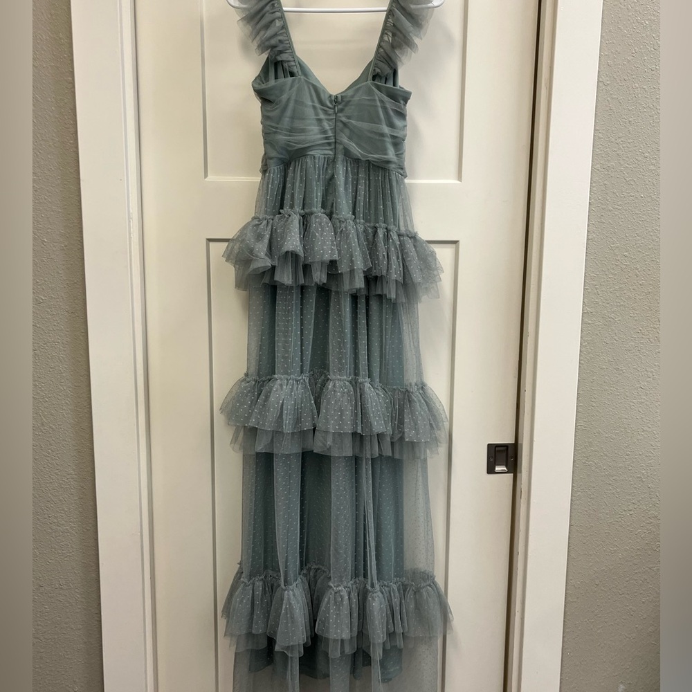 Lulus - Pure Radiance Sage Brush Mesh Swiss Dot Tiered Maxi Dress Green - S - Picture 12 of 13